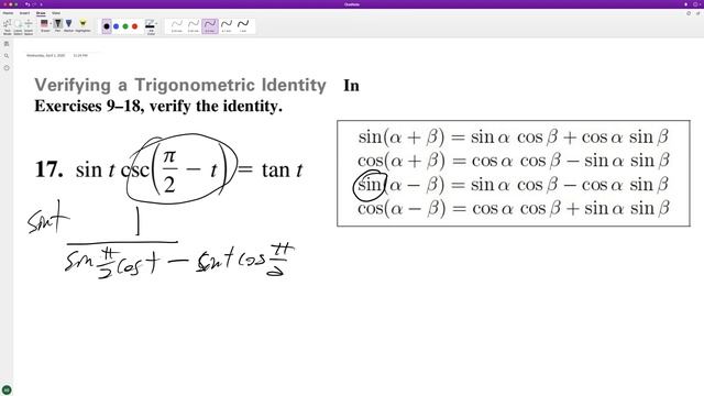 sin(t)csc(pi/2 - t) = tan(t) verify the identity смотреть онлайн