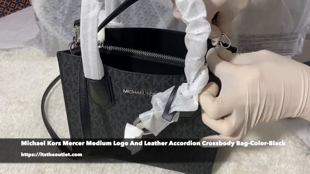 Michael Kors Mercer Medium Logo And Leather Accordion Crossbody Bag Color Black
