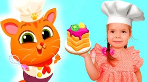 Котик Бубу готовит еду для виртуальных друзей | Настя и Bubbu вместе играют в игре