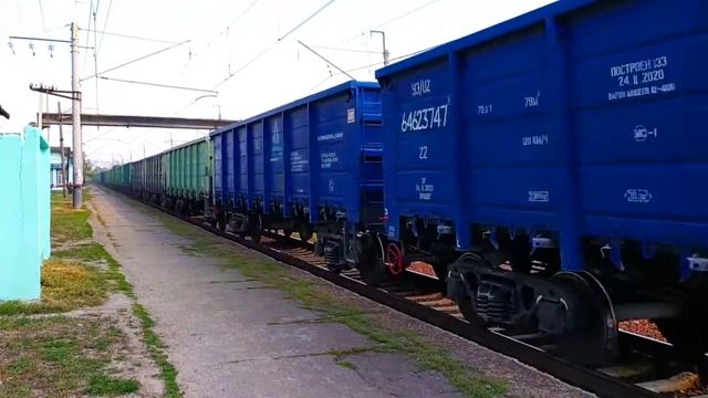 Электровоз ВЛ82М-057 с шатающиемся грузовым поездом и приветливая бригада, о. п. Рыжов смотреть онлайн