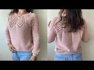 Подробное описание джемпера с ажурной кокеткой, азиатским ростком и идеальными подрезами.