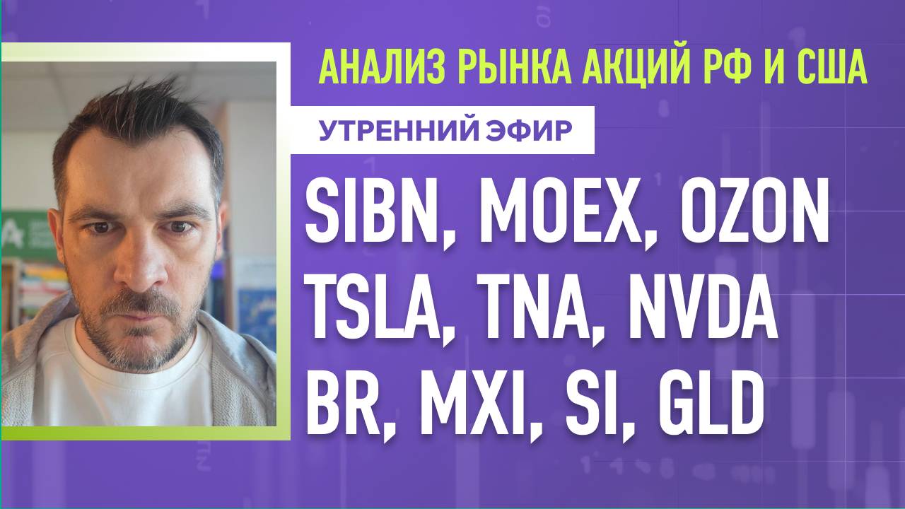 Анализ рынка акций РФ и США/ SIBN, MOEX, OZON, TSLA, TNA, NVDA/ BR, MXI, SI, GLD