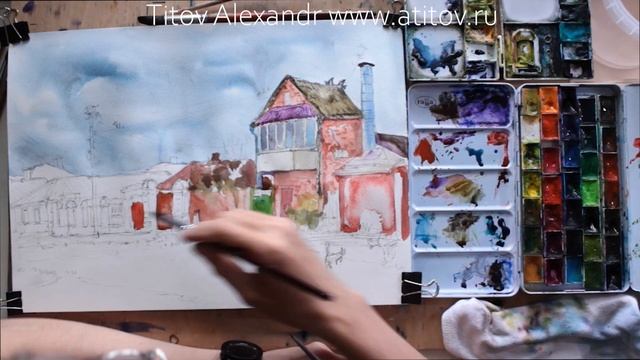 Уроки рисования 9. Рисуем дом из Таганрога часть 4. Как рисовать фактуру дома акварелью