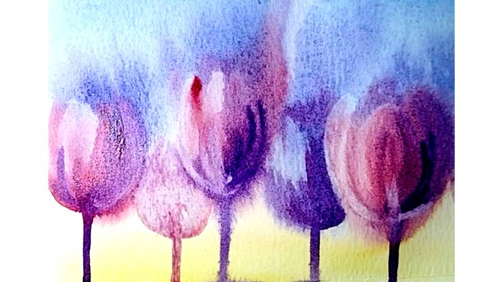Лиловые тюльпаны. Акварельный этюд. смотреть онлайн