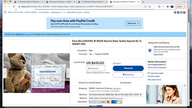 Exciting Ebay Bidding Wars For Mint Royal Blue Peanut & Mint Billionaire Bears Ty Beanie Babies