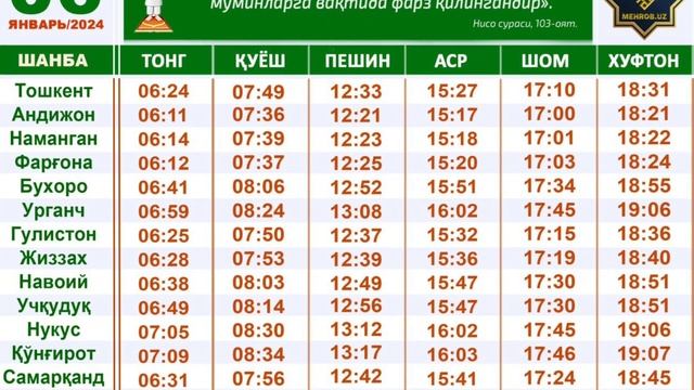 06.01.24 | 5 МАХАЛ НАМОЗ ВАҚТЛАРИ БАРЧА ВИЛОЯТЛАР /5 MAHAL NAMOZ VAQTLARI BARCHA VILOYATLAR /INFO U смотреть онлайн