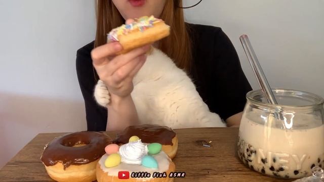ASMR TIM HORTONS DONUTS & Boba Milk Tea (Whispering) SOFT + CRUNCHY EATING SOUNDS | Little Fish ASM