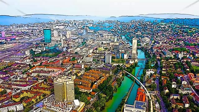 Color sketch in cartoon style. Zurich, Switzerland. Panorama of the city from the air. Gewerbeschul смотреть онлайн