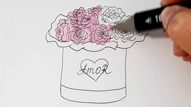 Как нарисовать букет цветов в коробке/How to draw a bouquet of flowers in a box смотреть онлайн