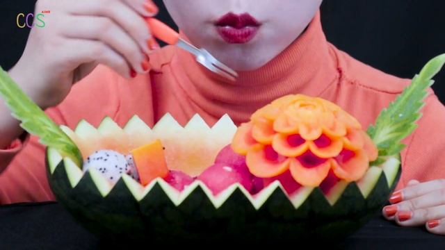 ASMR *RECIPE* WATEREMLON FRUIT BASKET, PAPAYA DRAGON FRUIT CUCUMBER CARROT WITH EATING SOUNDS
