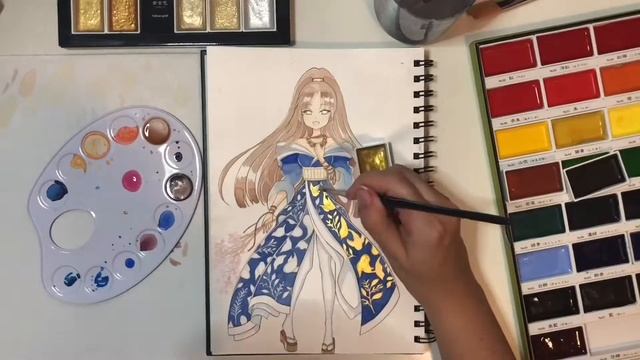 Watercolor - coloring golden koi kimono смотреть онлайн