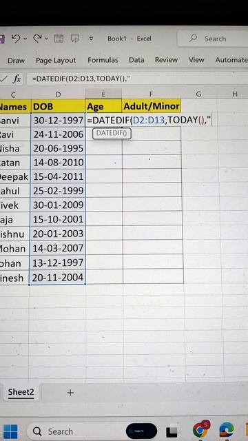 Calculate Age & Find Adult/Minor Status In Excel 🔥 #shorts #exceltutorial #interview #tips #bytetec смотреть онлайн