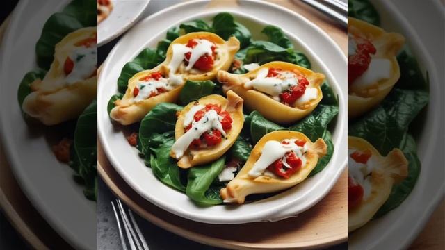 Фаршированные шпинатом и рикоттой ракушки с салатом Цезарь.
