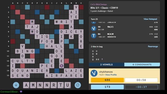 BlitzChamps vs SM Evans Clinchy (vinylchances) on Woogles.io смотреть онлайн