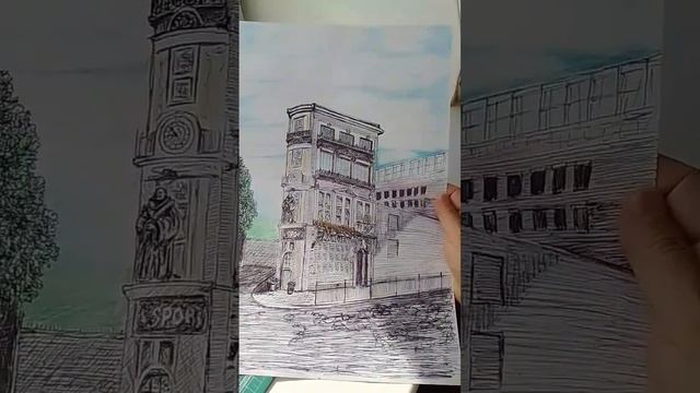 Рисунок шариковой ручкой и цветными карандашами.