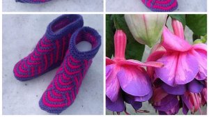 38.МК# " ФУКСИЯ"#ТАПОЧКИ СЛЕДОЧКИ НА ДВУХ СПИЦАХ БЕЗ ШВОВ