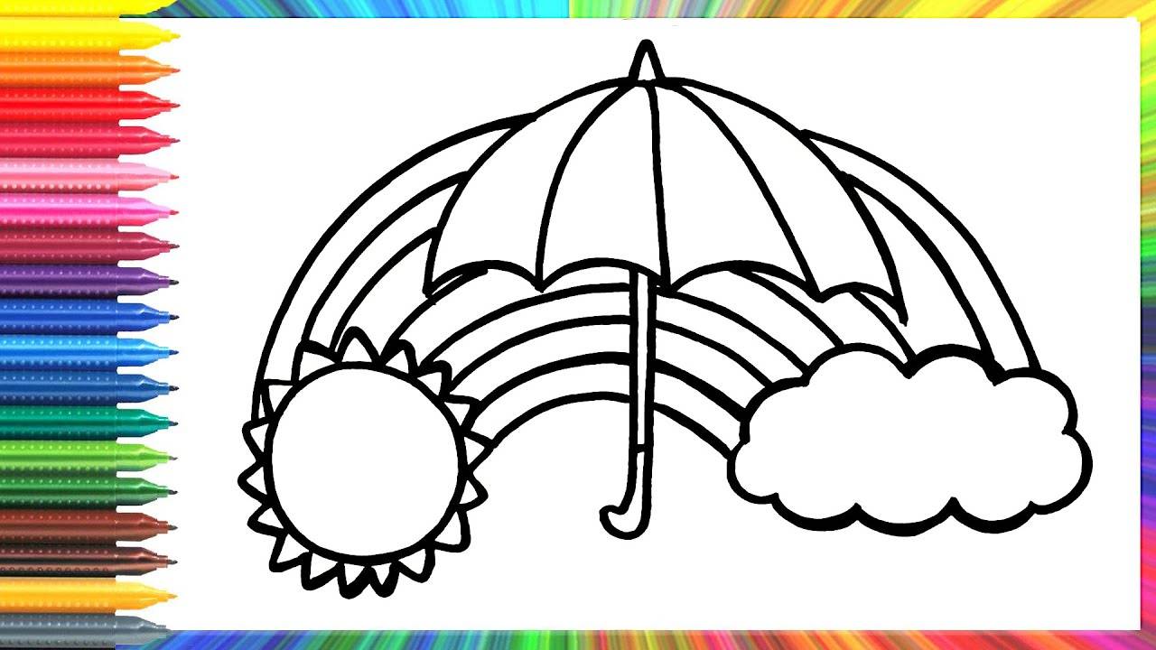 Как нарисовать радугу и зонтик. Простой рисунок и раскраска. смотреть онлайн