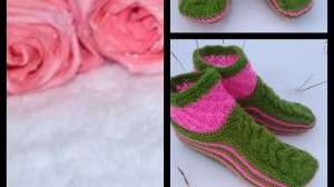 51.МК # "РОЗЫ НА МОРОЗЕ" # ТАПОЧКИ-СЛЕДОЧКИ НА ДВУХ СПИЦАХ БЕЗ ШВОВ # ПИНЕТКИ ДЛЯ ВЗРОСЛЫХ #