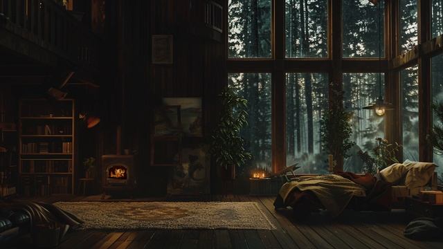 Glass House Home Library Room in Winter with Crackling Fireplace , Snow and Gentle Wind Sounds смотреть онлайн