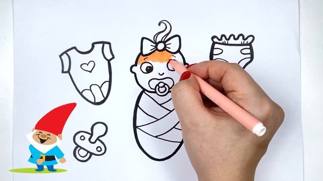 How to draw a BABY, pacifier and diapers. Drawing and coloring. смотреть онлайн
