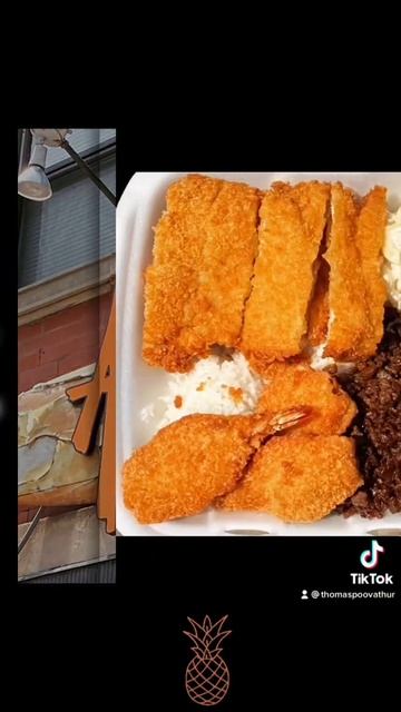 Chicken Katsu, Hawaiian BBQ Beef and Fried Shrimp on top of Mac Salad and Rice from Aloha Eats смотреть онлайн