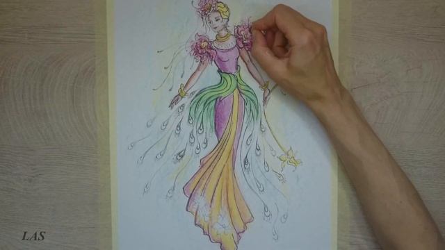 /Sketch/Girl in a beautiful dress/oil Pastels/acrylic/Скетч/ девушка в красивом платье/ пастель смотреть онлайн