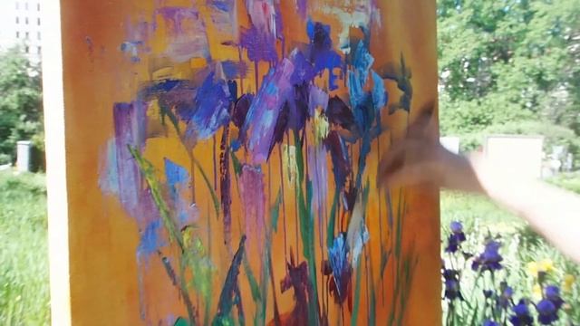 Пишем ирисы мастихином на пленэре/ How to paint irises with palette knife/ Plein air смотреть онлайн