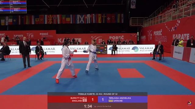 European Karate Championships. Croatia 2021. Terliuga Anzhelika - Burkitt Carla. Female kumite -55k смотреть онлайн