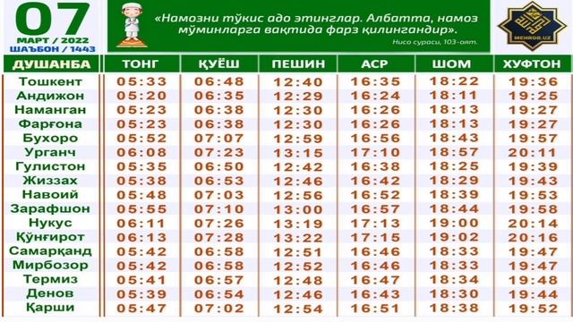 7-МАРТ НАМОЗ ВАКТЛАРИ 2022 // 7-MART NAMOZ VAQTLARI 2022 смотреть онлайн