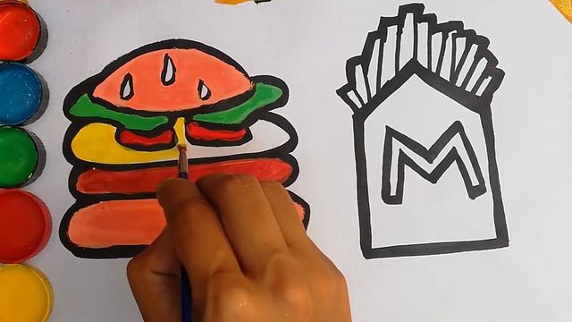 Glitter Hamburger and French fries coloring and drawing for kids, toddlers | Coloring page смотреть онлайн