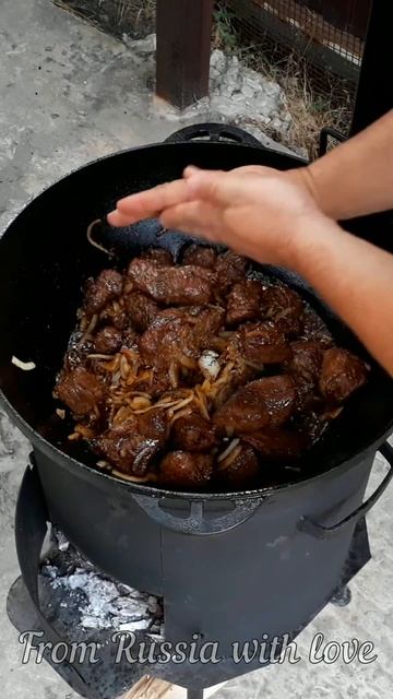 Мясо и овощи в казане на костре