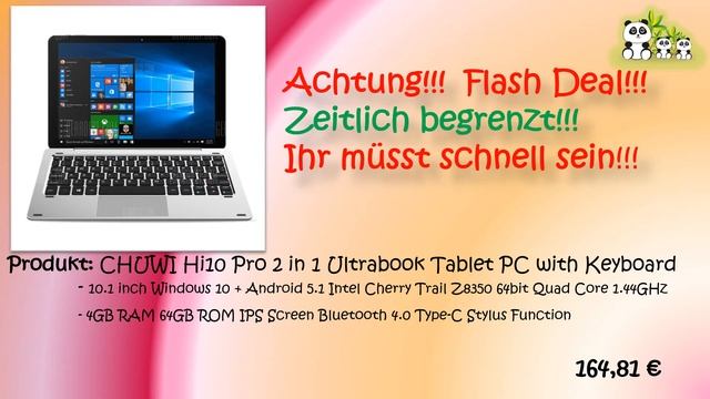 Preisknaller!!! CHUWI Hi10 Pro 2 in 1 Ultrabook Tablet PC with Keyboard für 16481