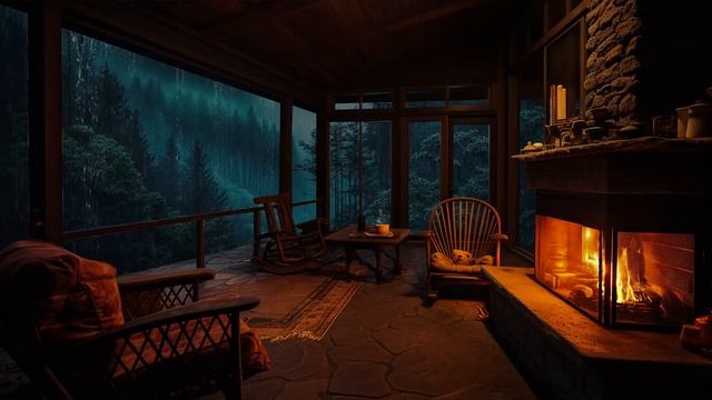 Cozy Rain Ambient With Rain Sounds And Fireplace In Cozy Cabin Balcony Helps To Fall Asleep