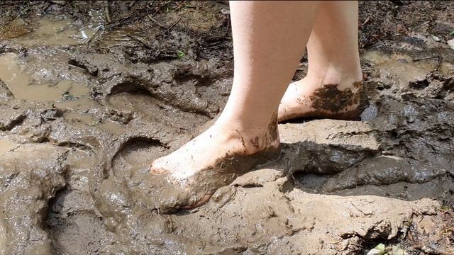 Muddy Barefoot, Girl Walks Barefoot In A Deep Mud, Sticky Muddy Feet, Dirty Feet (scene 536)