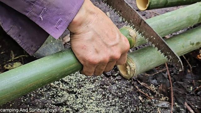 Building a secret shelter inside a giant tree root system, Grilled fish on bamboo tubes, Survival смотреть онлайн