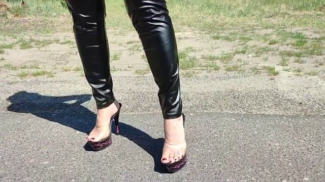 Highheelfee Two With Hot Black Shiny Pants And High Heel Mules ♥️#mules