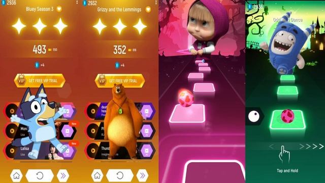 Grizzy and the Lemmings Vs Bluey Vs Oddbods Vs Masha and the Bear | Tiles Hop EDM Rush смотреть онлайн