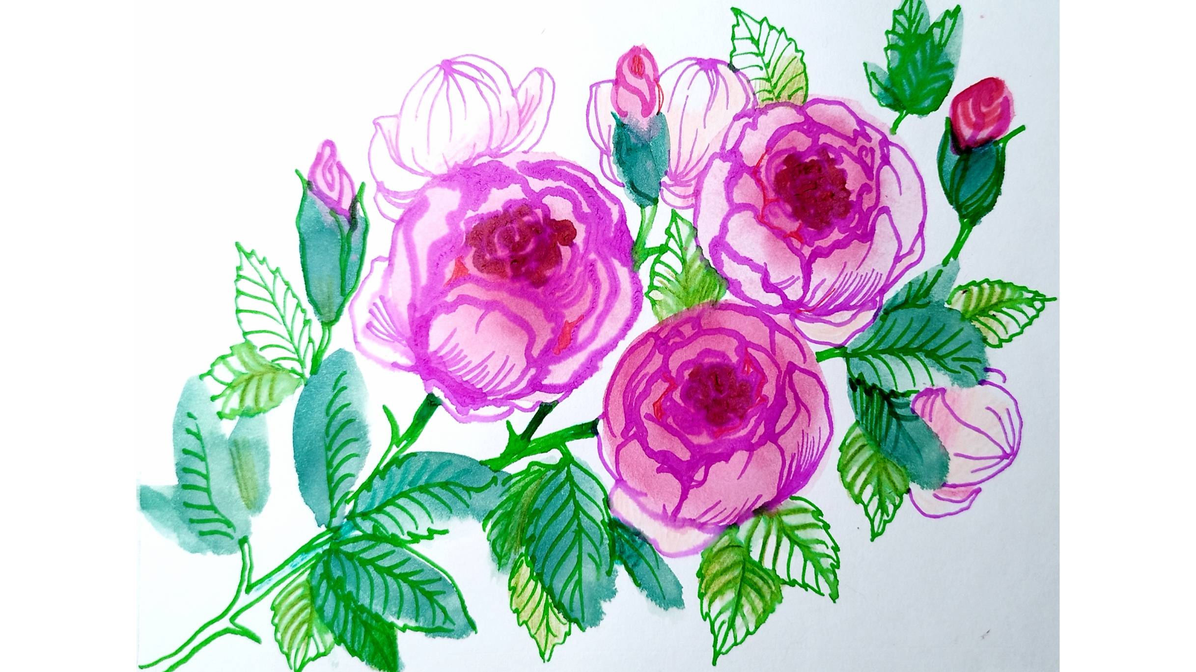 Ветка дикой розы, рисуем акварелью и маркерами. смотреть онлайн