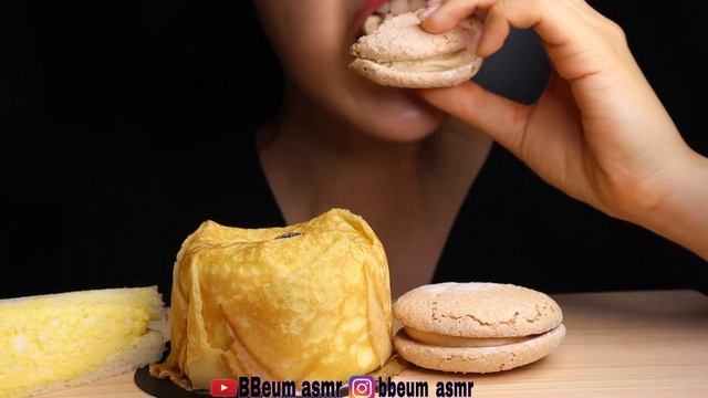 ASMR EATING YELLOW FOOD ( CREPE CAKE, MACARONS, DACUOISE, EGG MAYO)