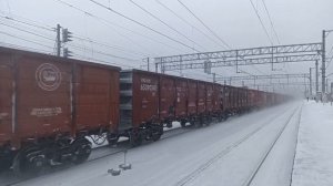 Новый 3ЭС8-001 «Малахит» С грузовым Поездом Повышенной Длинны Проезжает Новолисино