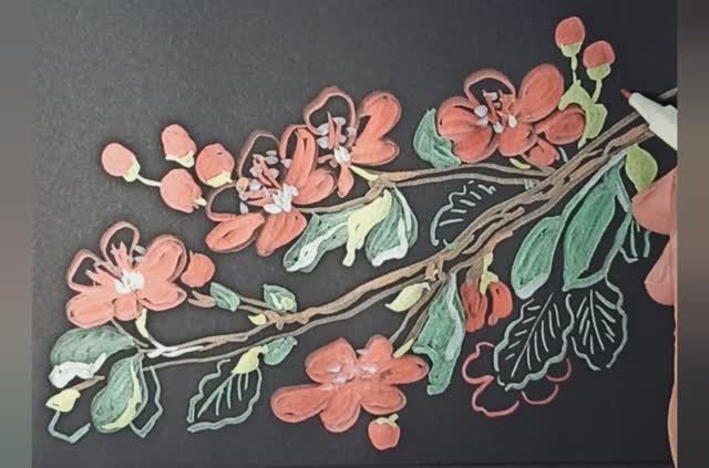 Цветущая ветка - рисунок маркерами на черной бумаге. смотреть онлайн