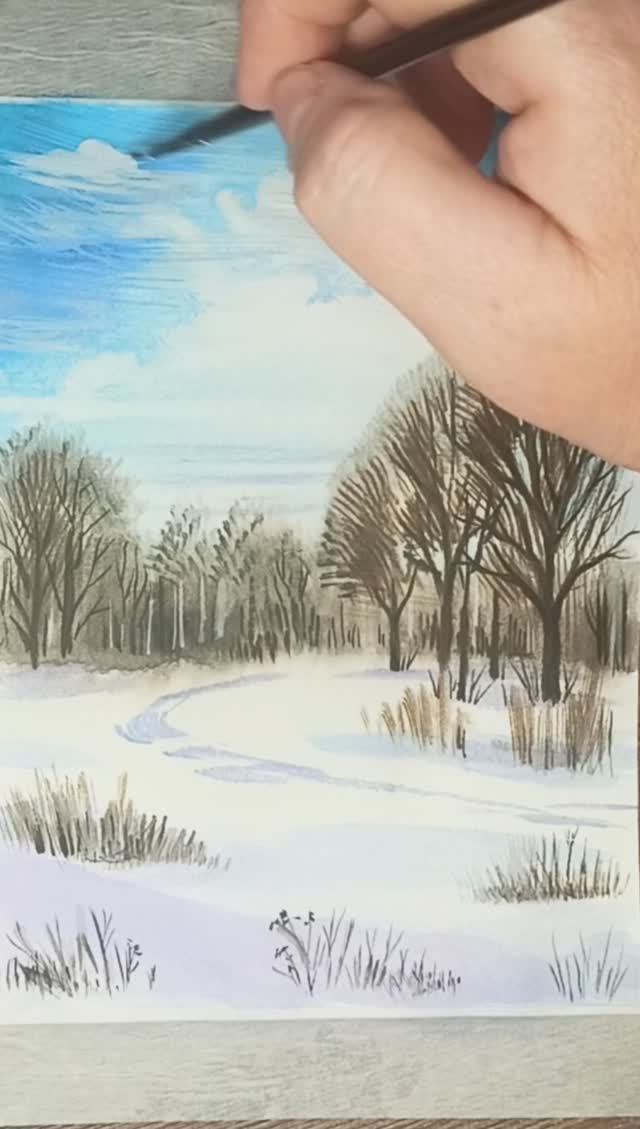 Как нарисовать акварелью простой зимний пейзаж. смотреть онлайн