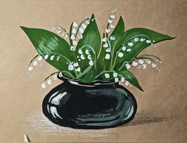Как нарисовать легко и просто букет ландышей в черной вазе гуашью. смотреть онлайн