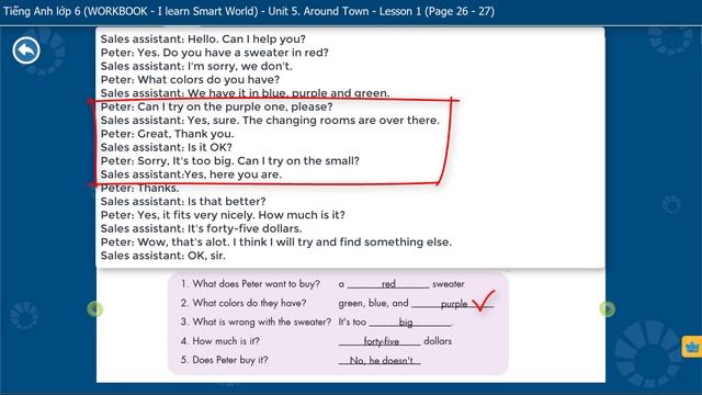 Tiếng Anh lớp 6 (WORKBOOK - I learn Smart World) - Unit 5. Around Town - Lesson 1 (Page 26 - 27) смотреть онлайн