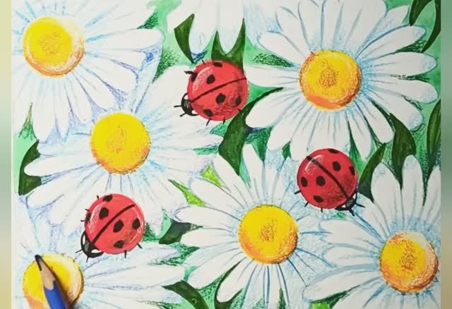 Как нарисовать божьих коровок на ромашковом лугу. смотреть онлайн