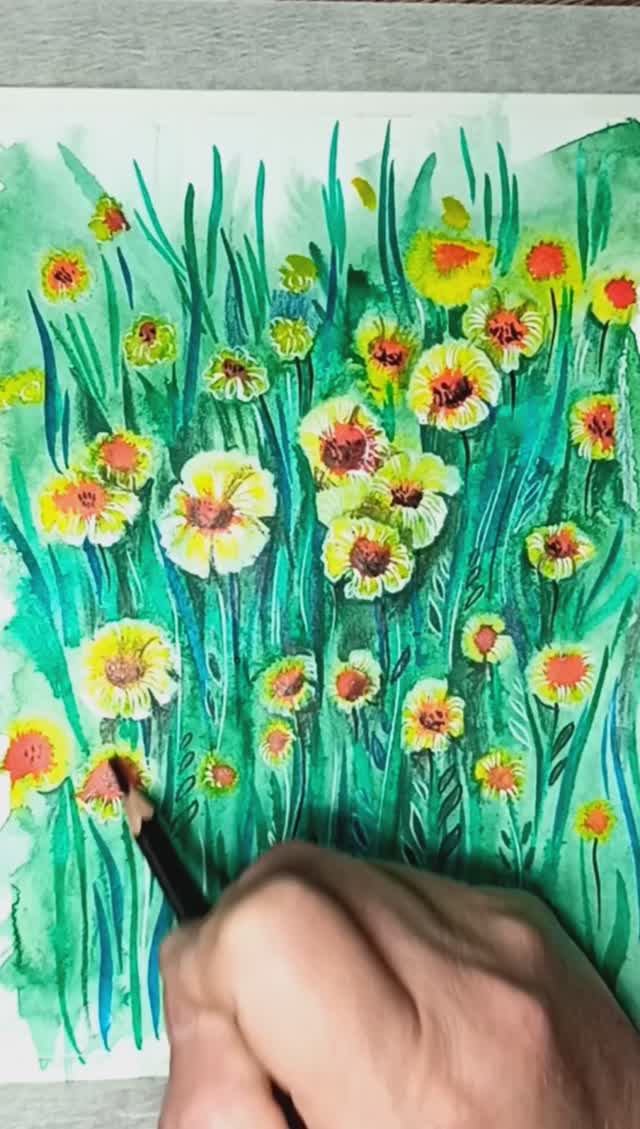 Желто-красные цветы на лугу - простой рисунок красками. смотреть онлайн