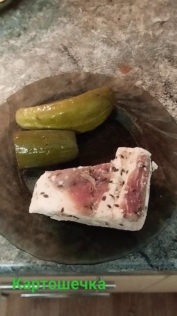 Запеченная картошка в гриле без масла, с засоленными огурцами, салом и перцем