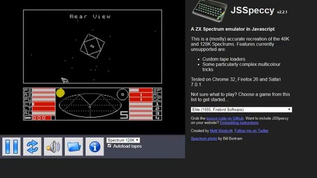 Elite - ZX Spectrum Sinclair - emulador JSSpeccy 2.2.1 смотреть онлайн