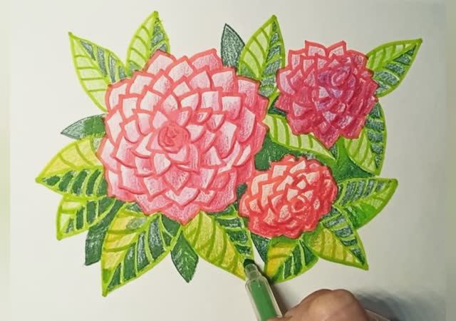 Пурпурно-розовые цветы - рисунок фломастерами и цветными карандашами. смотреть онлайн