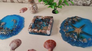 Пепельница и подстаканники из эпоксидной смолы в морском стиле